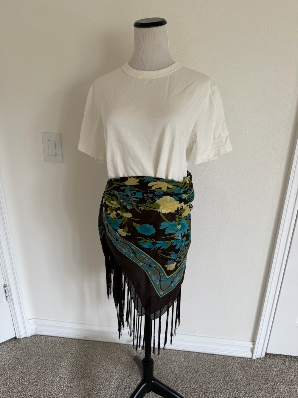 Vintage Black Floral Fringe Shawl with Teal & Green Accents